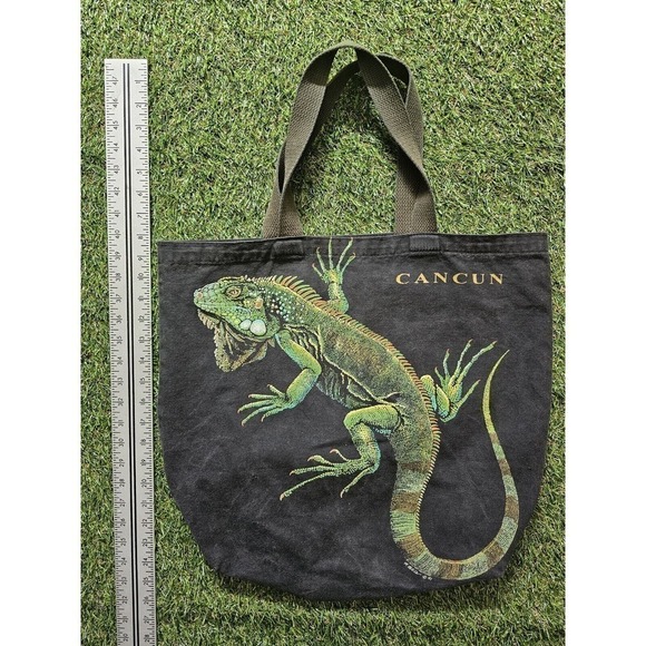 Vintage Iguana Colorful Print Cancun Canvas Bag 1991 Black Faded - Picture 1 of 7